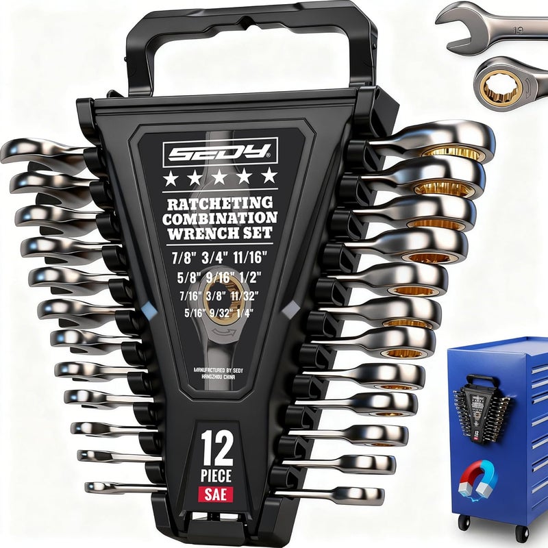 SEDY Premium 12-Piece SAE Ratchet Wrenches Set with Magnetic Organizer 1/4"-7/8", 72-Tooth Ratcheting Wrench Set, Cr-V Steel Ratchet Combination Wrench Set for Automotive, Machine Repair - Image 1
